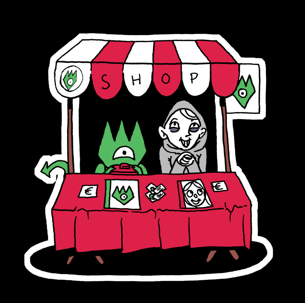 drawing of a storefront with two characters